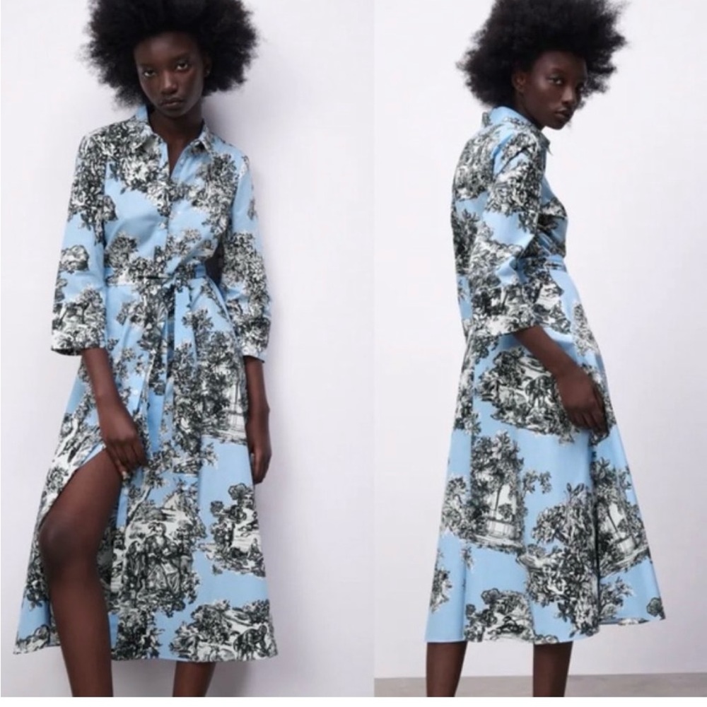 Zara Toile Print Cotton Shirtdress Dress NWOT